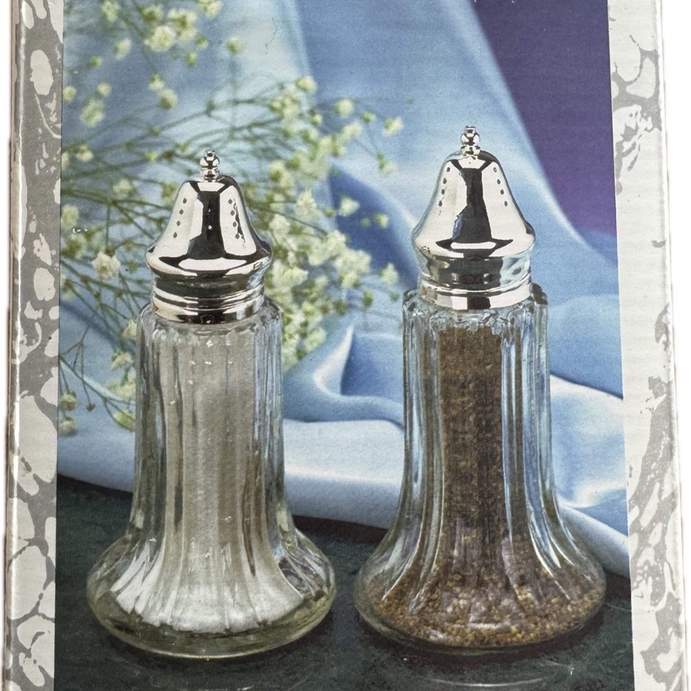 Vintage salt and pepper shaker set silver plated glass rare antique new in box